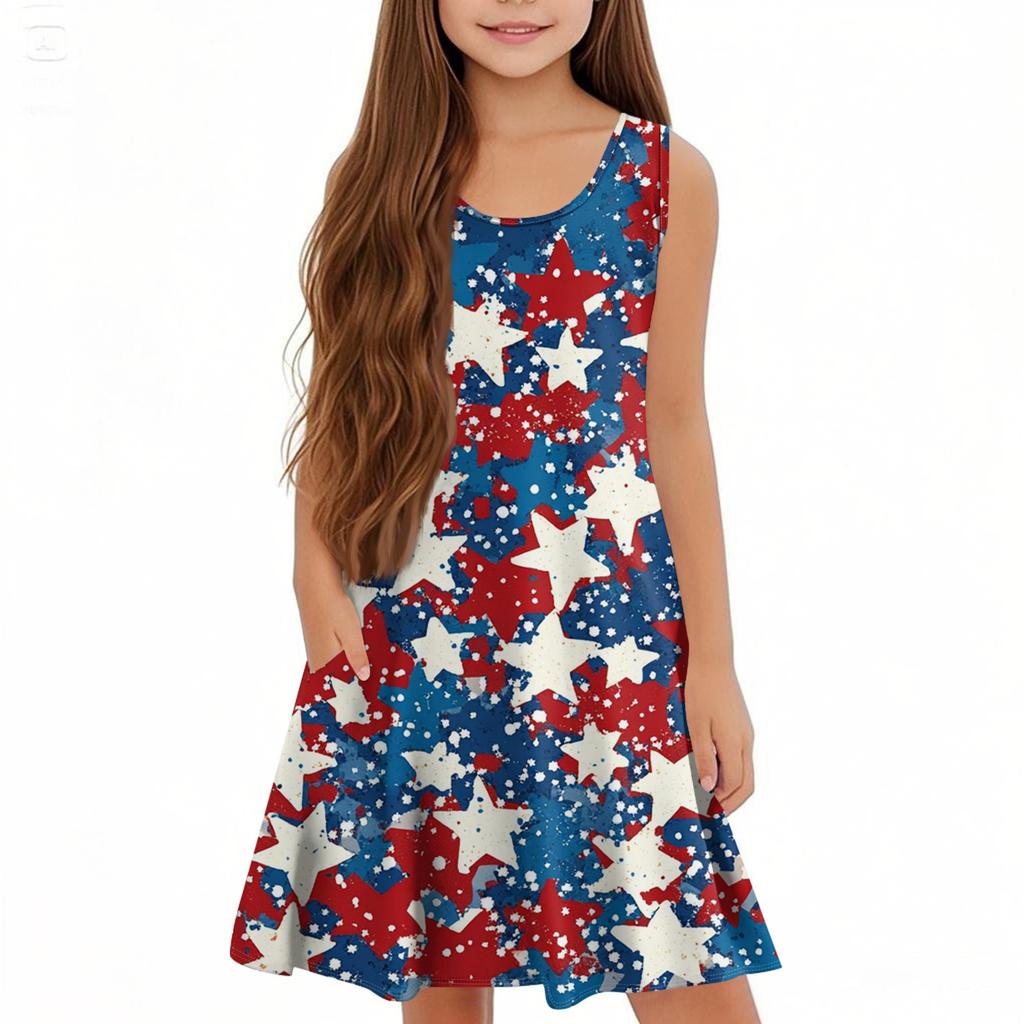 Children's Sleeveless U-neck Summer A-line Casual Independence Day Dress