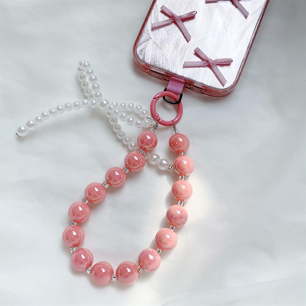 Pink Beaded Bow Keychain Mobile Phone Chain Earphone Bag Anti-Lost Rope Car Keychain Girls Fashion Backpack Pendant Accessories