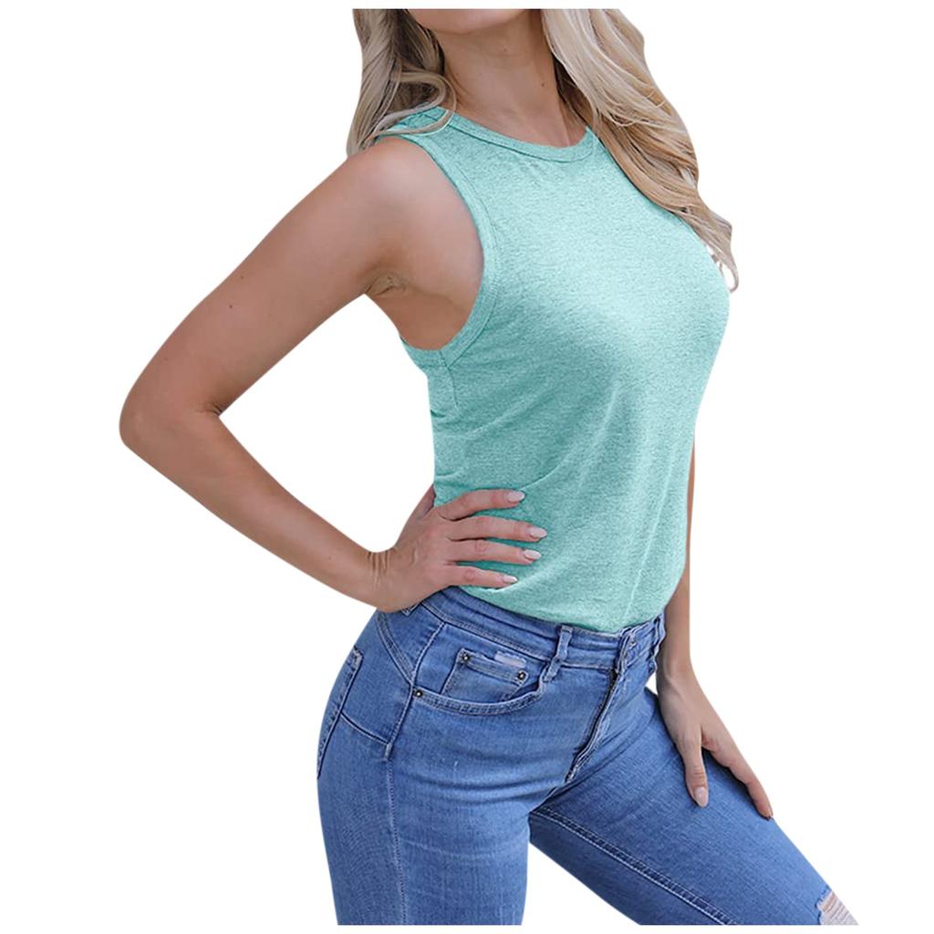 Womens Casual Round Neck Loose Solid Color Sleeveless Top T-shirt Blouse
