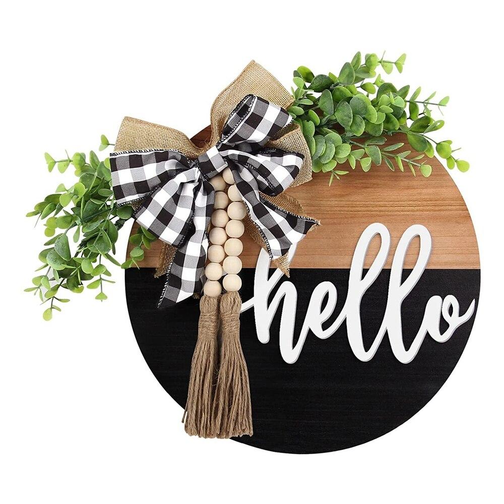 Front Door Welcome Sign, round Hello Wood Sign Hanging Welcome Sign Farmhouse Porch Spring Wreath Welcome Sign Front Door Decor, Fringe Wood Beads