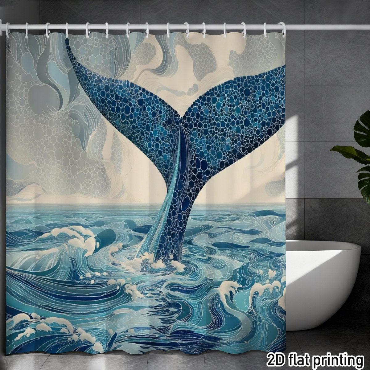Whale Tail Shower Curtain Blue Ocean Waves Artistic Illustration Polyester Bathroom Decor (as the picture,W90xH180CM)