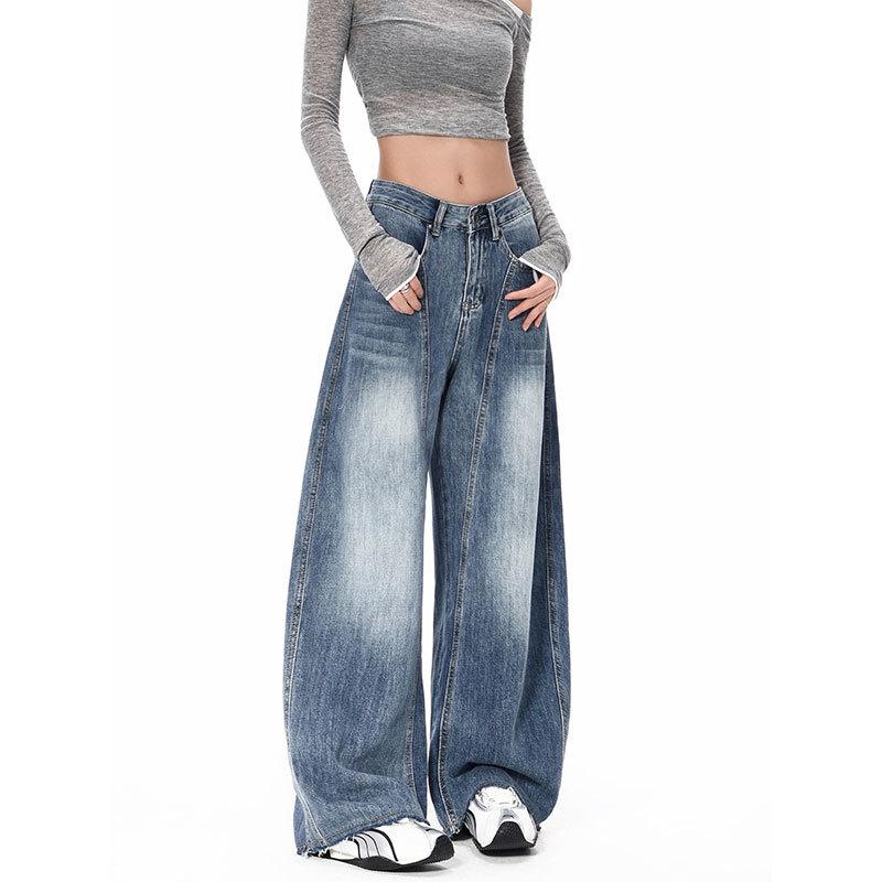 2025 Plus Size Retro Blue Wide-Leg High-Waisted Jeans for Women Medium