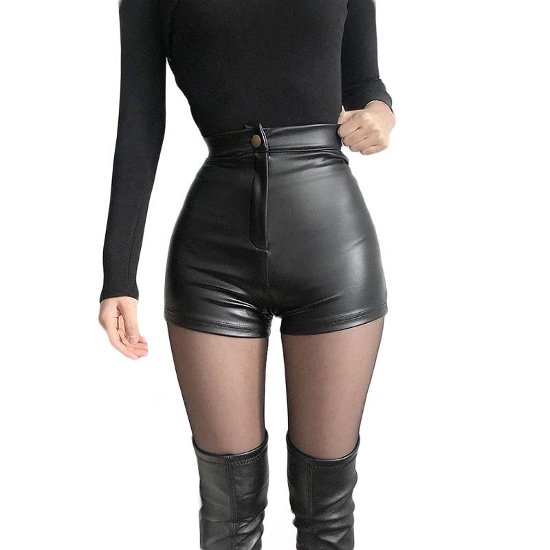 809# Women's High-Waisted Black PU Leather Shorts - Sexy, Tight, Hip-Hugging Autumn/Winter Base Layer