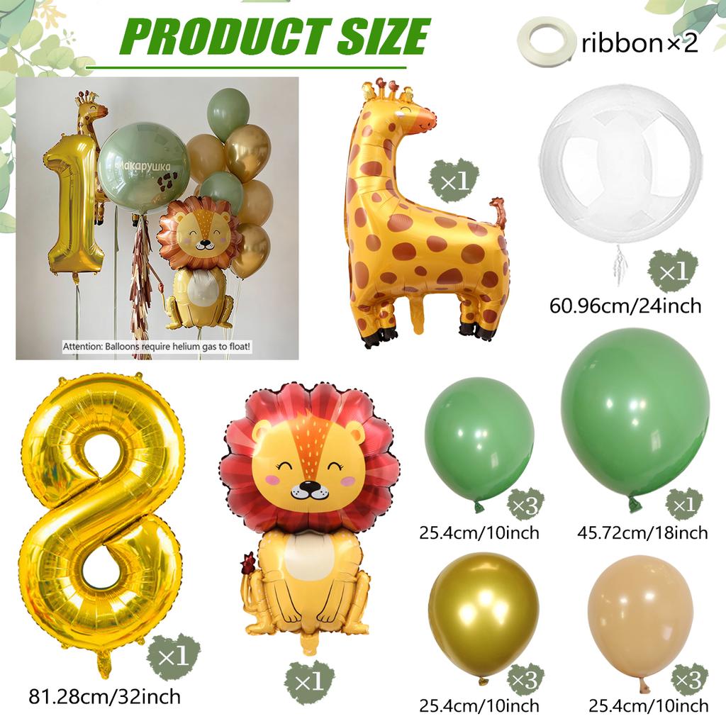 Set de ballons Lion Girafe Dessin Animé, Ballon Thème Animaux de la Jungle, Ballon Chiffre Doré 0-9, Décoration Fête d'Anniversaire Shower