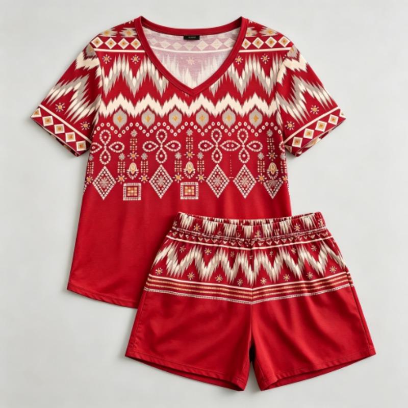 Summer Geometric Wavy Lines Pattern Printed V- Neck Short Sleeved T-Shirt And Shorts Set Women's and Men's T-shirt Shorts Set