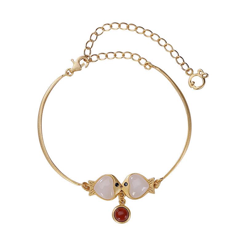 Hetian Jade Double Fish Tassel Bracelet - Retro Style with Round Beads.