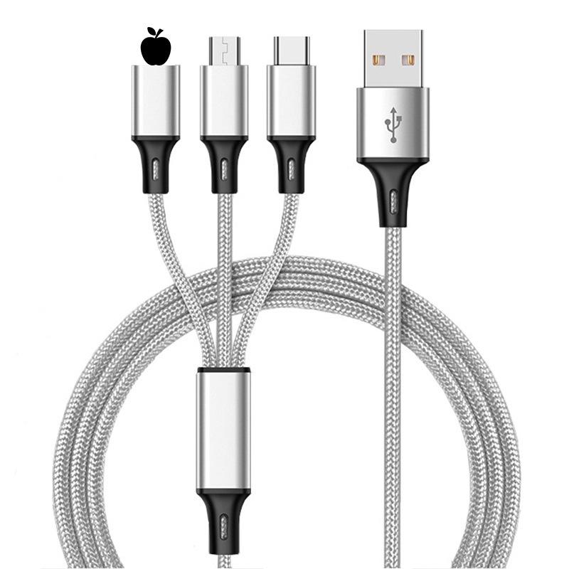 Nylon Braided 3-in-1 Fast Charge Cable for Apple, Android, and Type-C Devices (3A)