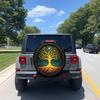 The Cosmic Starry Sky Life Tree Tire Cover Features A Dazzling Golden World Tree And Star Fruit Design. Made From High-Quality P