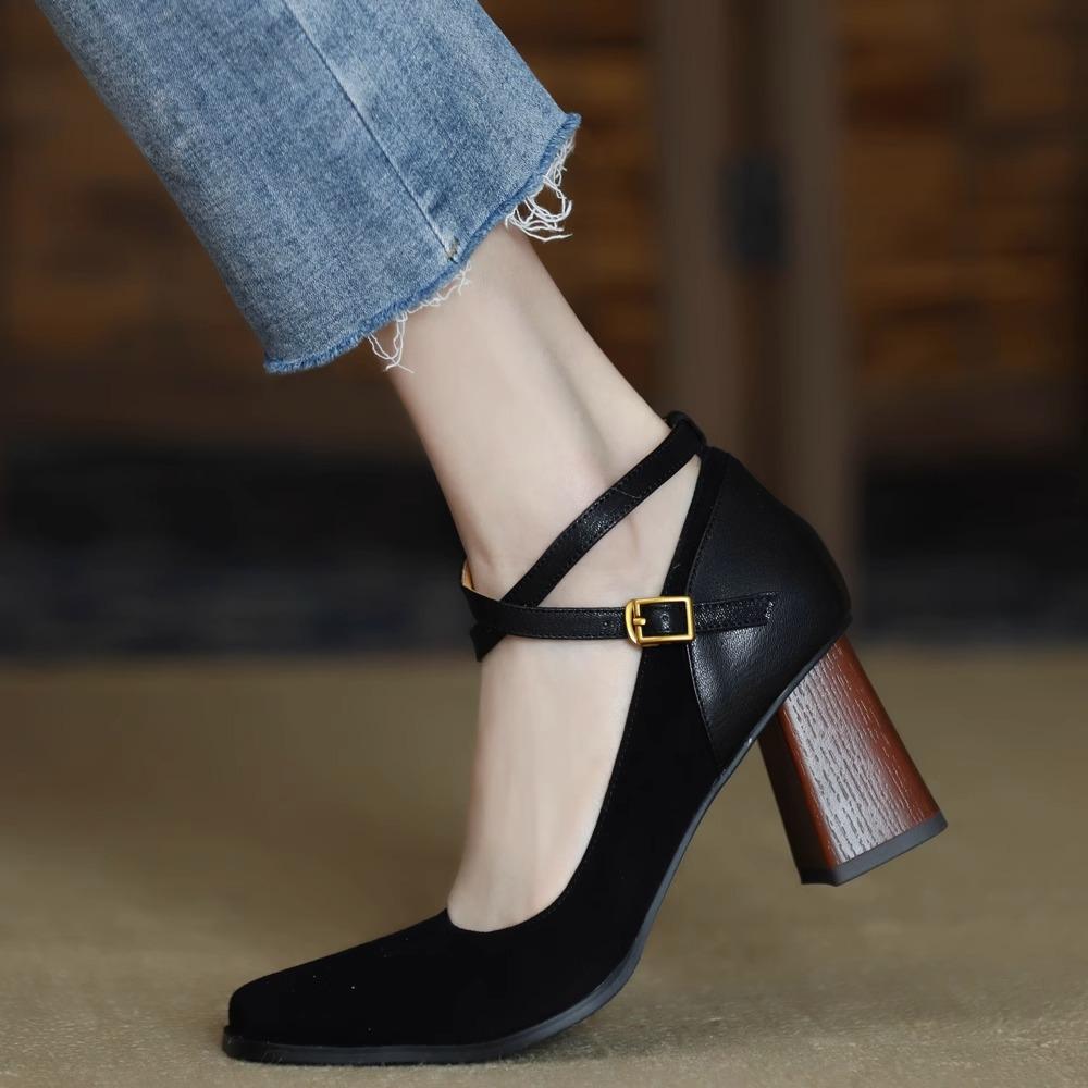 Chengdu style ~ retro leather nubuckle splicing small square toe cross buckle single shoes women's spring thick heels high heels