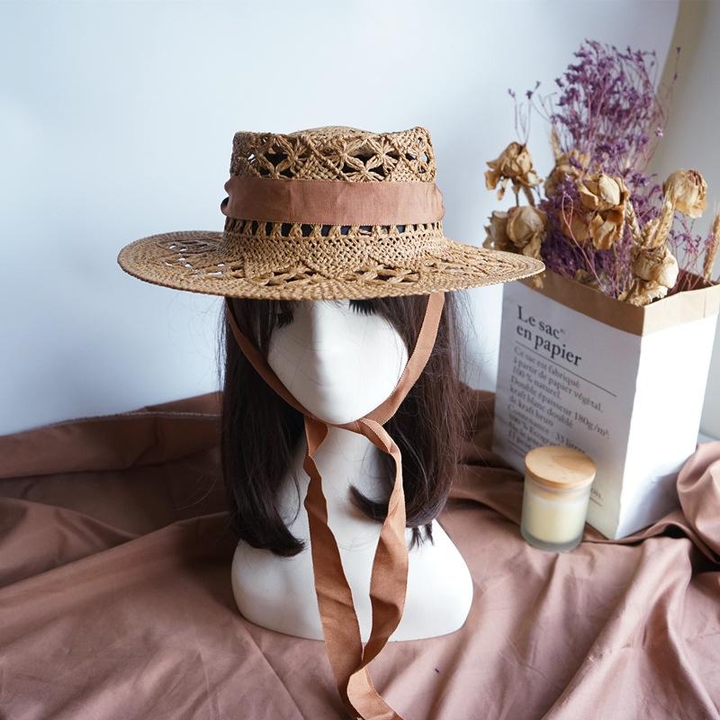 Japan Japanese French Retro Hollow Flower White Flat Top Top Hat Women'S Summer Sunshade Vacation Beach Straw Hat Outing