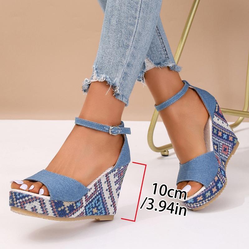 New Style Denim Round Head Hollow One-word Buckle Weave Water Table Muffin Bottom Slope Heel Sandals