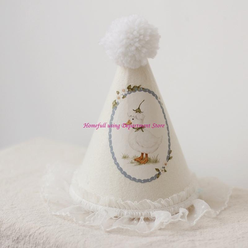 Fun Pompoms Celebration Hat Duckling/Flower Embroidery Elastic For Birthday Event Hat