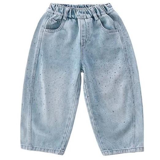 Spring Autumn Kids Girl Jeans Loose Casual Kids Denim Pants with Embellishments Children Girls Shiny Trousers