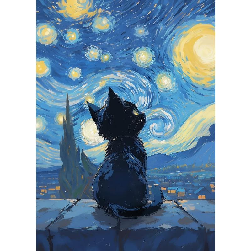 Black Cat Under The Sky Starry Night Series Theme Canvas Printing Fashion Populars Colors Mural Studio Home Decoration Art Gifts