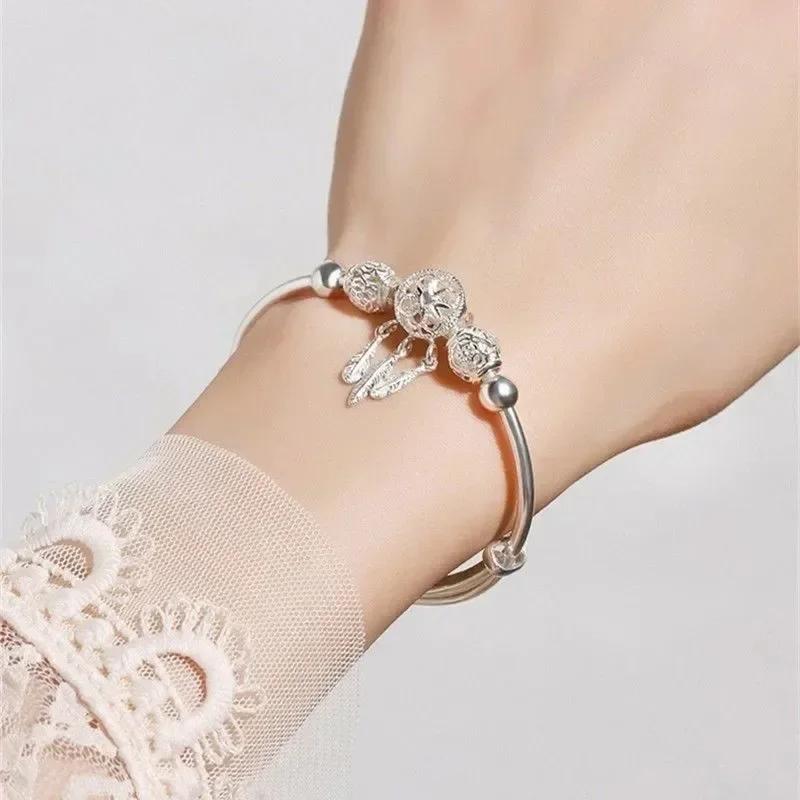 Luxury 925 Silver Bead Ball Bracelets For Women Elegant Dreamcatcher Tassel Feather Adjustable Bracelet Party Jewelry