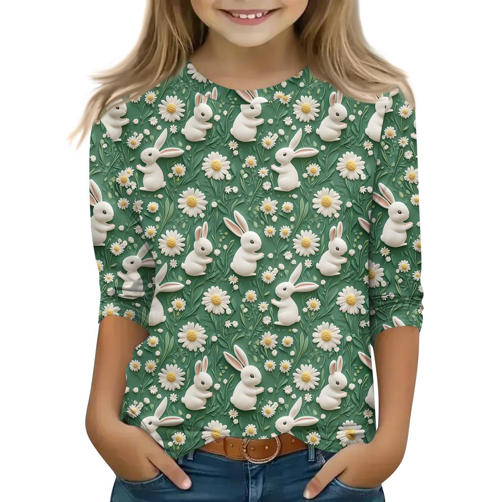 Print Tops For Youth Girls Round Neck 3/4 Sleeves T-Shirts Trendy Tops Outfit Tees