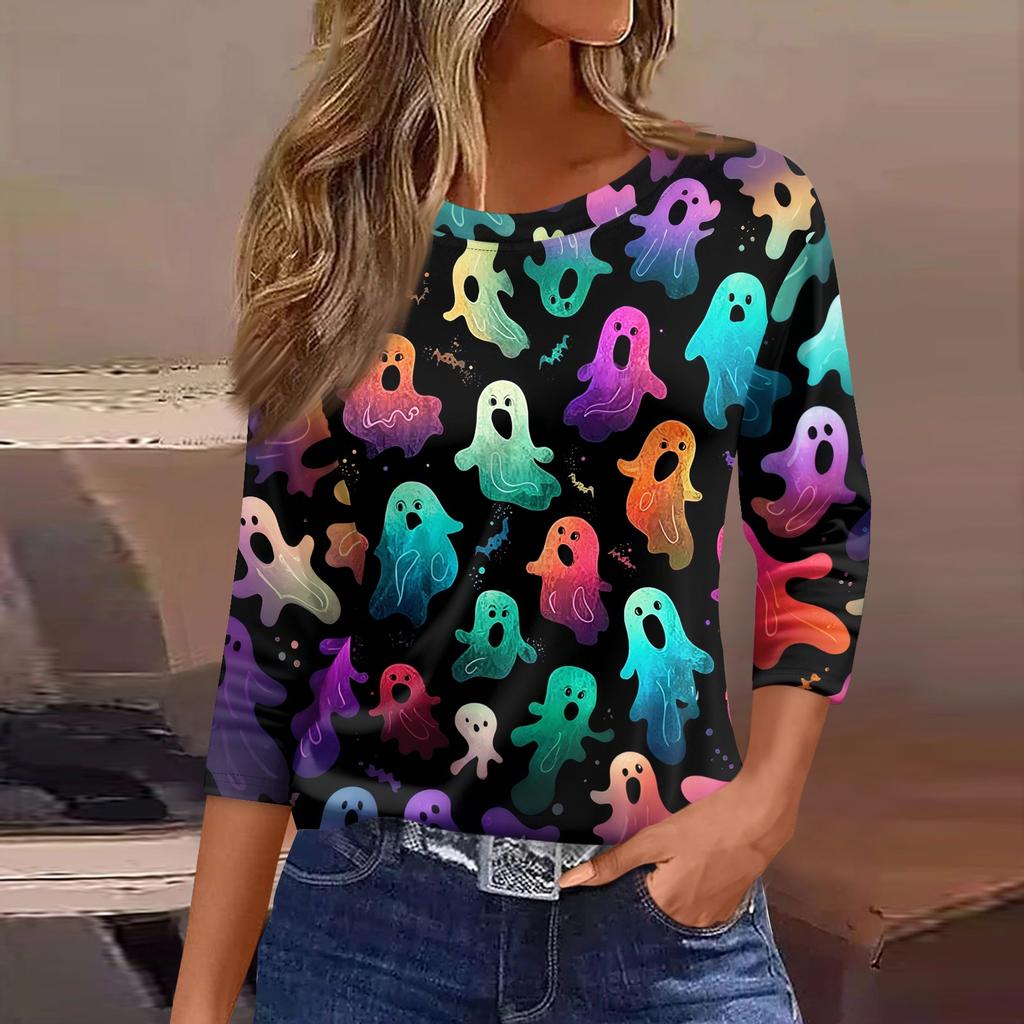 Women's Casual Loose Fit Three Quarter Sleeve Shirt Round Neck Halloween Print T-Shirt Lightweight Comfortable Top