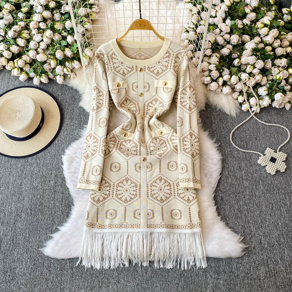Autumn Winter Women Vintage Print Full Sleeve Knitted Sweater Pullover Dresses With Tassel