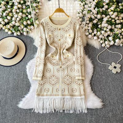 Autumn Winter Women Vintage Print Full Sleeve Knitted Sweater Pullover Dresses With Tassel