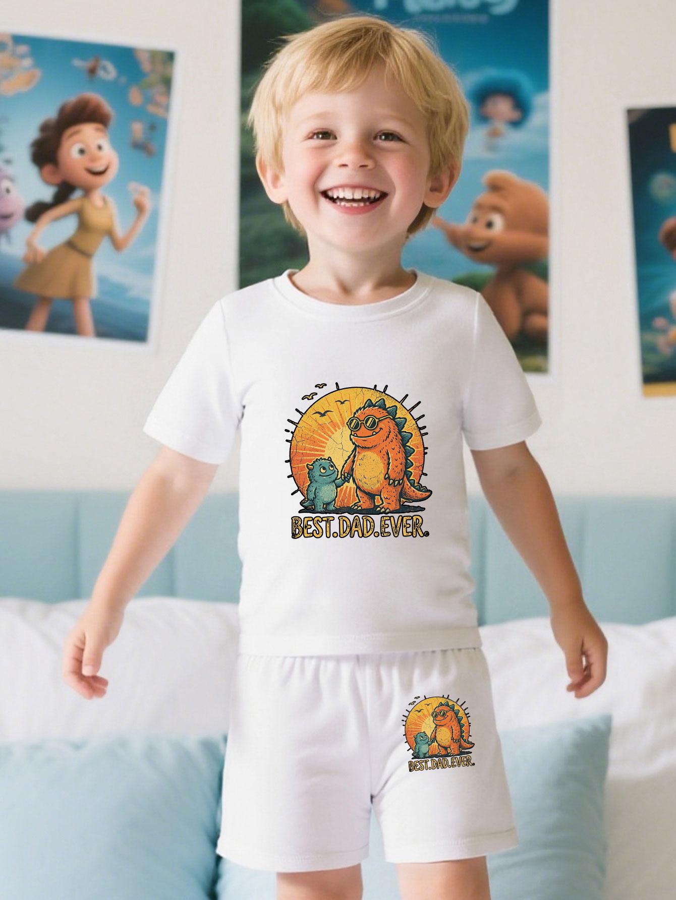 Summer Kids Two-Piece Set, Cute Dinosaur Father-Son Cartoon Letter Printed Short-Sleeve T-Shirt and Matching Shorts Outfit for Boys 6-9M белый
