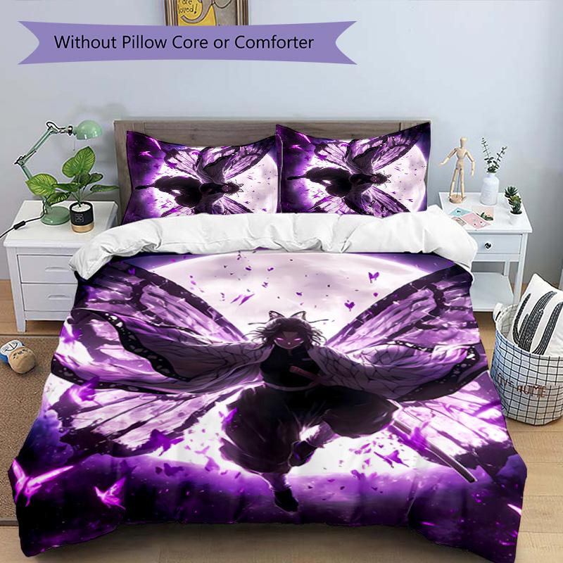 3pcs Demon Slayer Shinobu Kocho pattern bedding set duvet cover set includes duvet cover &pillowcases, perfect all season bedroom decoration & gift