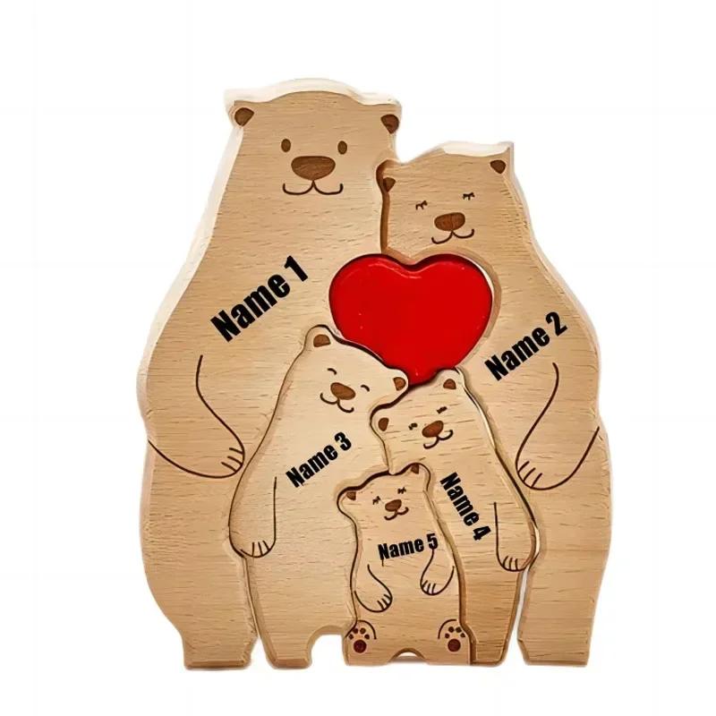 Personalized Wooden Art Bear Puzzle for Families Free Customization Name Family Anniversary Holiday Warm Gift Home Decoration