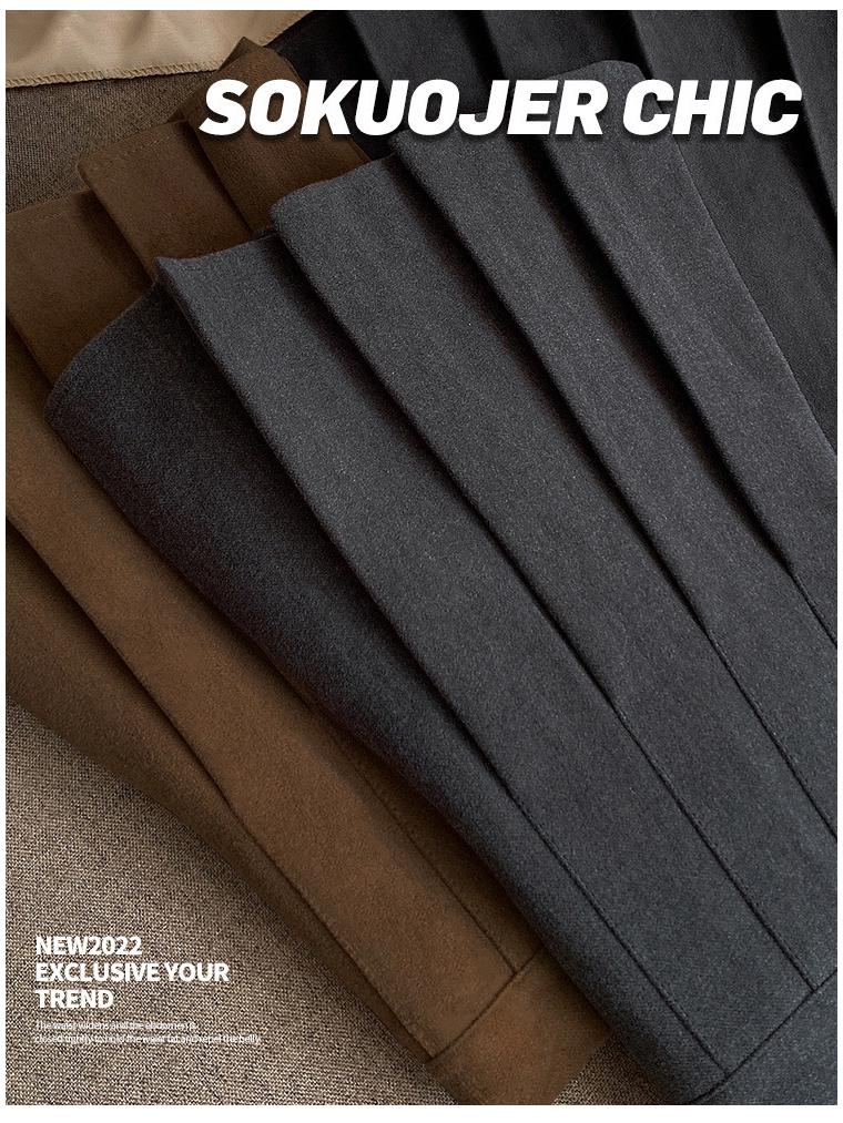 Women's High-Quality Black Wool Blend A-Line Pleated Skirt - Thick, High-Waisted, Slimming, Plus Size, Short Length for Autumn & Winter.