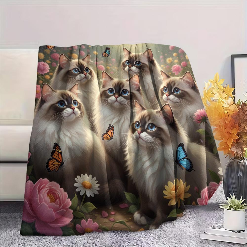 1PC Cat Print Flannel Blanket, High quality Comfortable for All Seasons, Home Decor, Warmth and Comfort