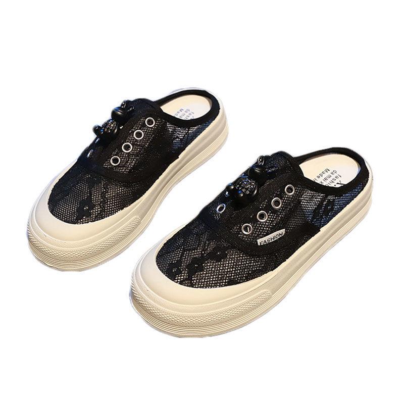 Lace mesh breathable thick-soled bag head half slippers women's 2025 spring and summer new versatile one-pedal casual board shoes women