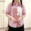 ZANZEA Women Casual Turn Down Collar Loose Short Sleeve Stripe Blouse