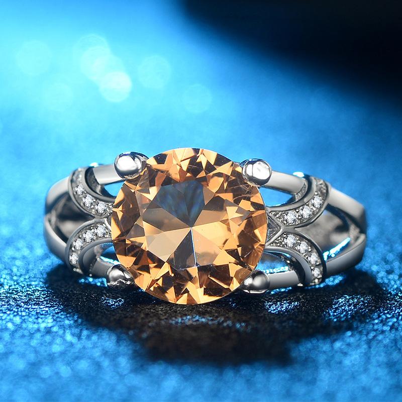 Popular Micro Zircon Champagne Crystal Round Ring With 925 Silver Plated White Gold Ring Jewelry