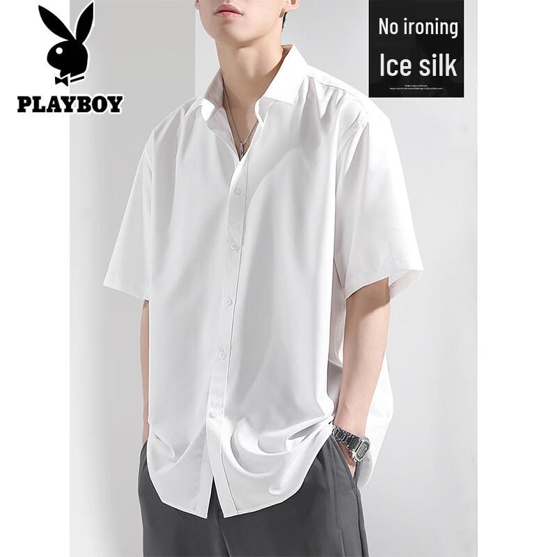 PLAYBOY Men s Ice Silk Short Sleeve Wrinkle-Resistant Shirt M