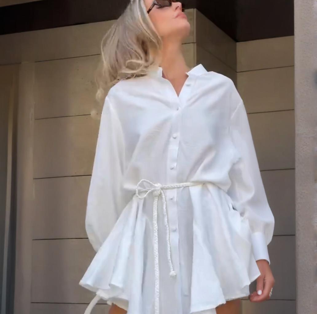 

2025 Лето Европейский и Американский Лацкан Пуговица Однотонный Длинный Рукав Сексуальное Облегающее Женское Платье S