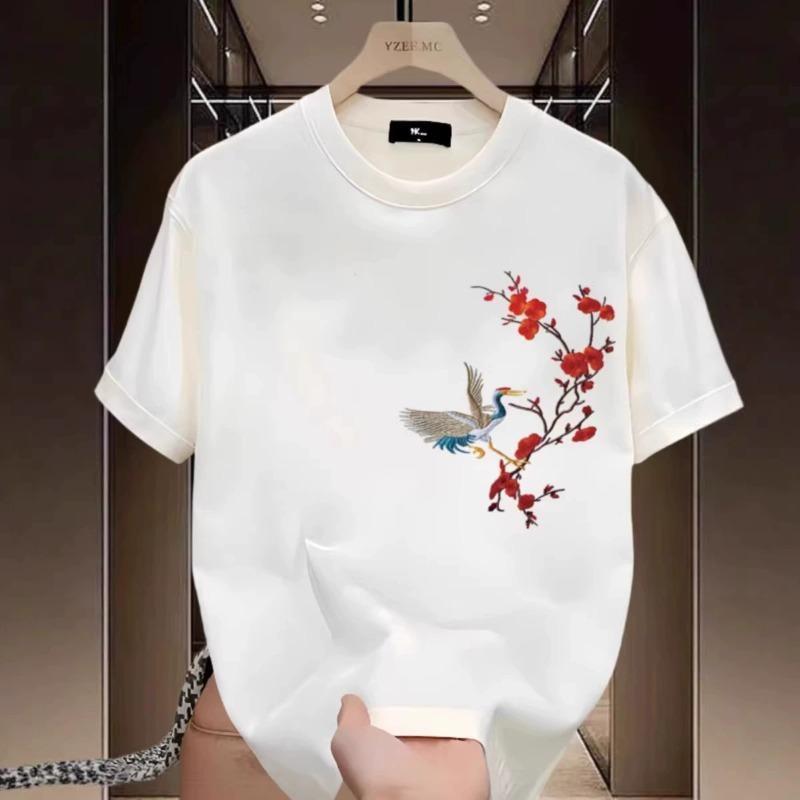 Men's Cotton T-shirtsT Shirt for Men Casual Summer Wear Red-crowned Crane Print Tee Shirts Black Men Clothing