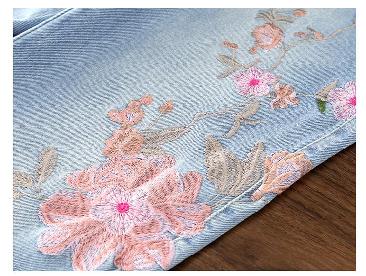 Light Blue Floral Embroidered Women's Curved Leg Jeans - New Chinese Style, Thin, Loose, Hip-Covering, Straight Leg for Spring and Autumn
