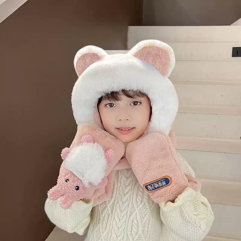 Winter children's hats three-piece baby scarf gloves integrated ear protection hats boys and girls thickened hats super cute