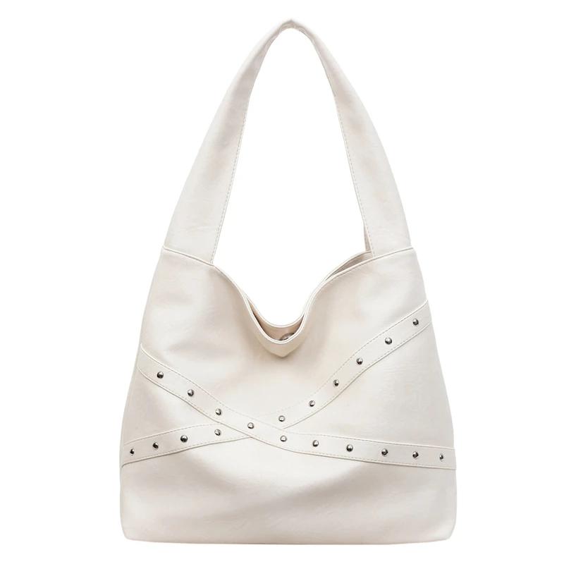 

High Quality Solid Hasp Faux Suede Rivet Shoulder Bags for Women Fashiable Versatile Stylish Design Armpit Crossbody Bags бежевый