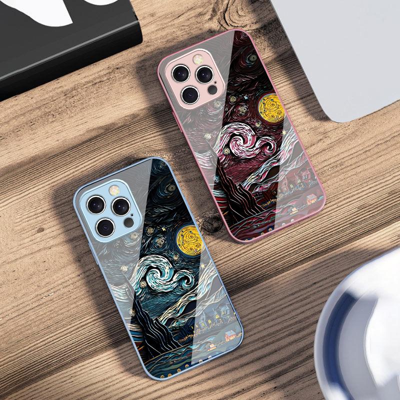 Oil Painting Starry Sky For iPhone 16 E 15 14 13 Plus 12 Mini 11 Pro Max XR Xs Max X 7 8 6 6S 2022 Tempered Glass Phone Case