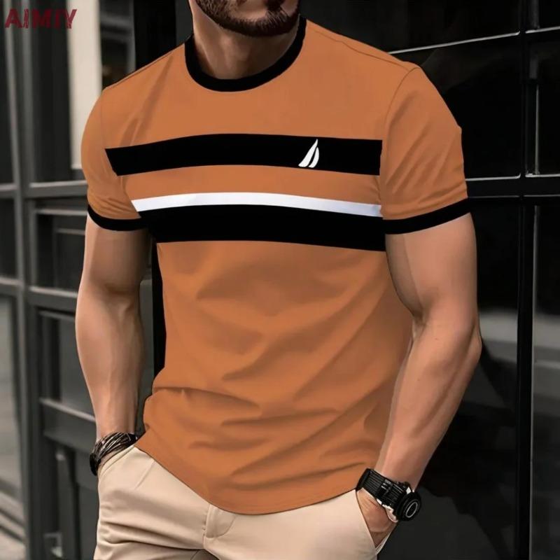 T Shirt Man Classic Men's Clothing Outdoor Round Neck Short Sleeve Top Stripe Print Street Loose T-Shirt