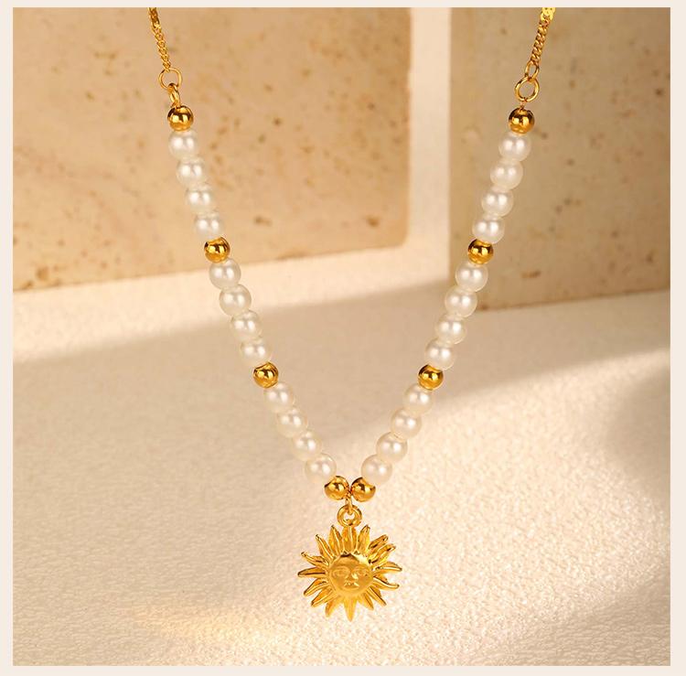 Pearl Beaded Pendant Necklace Stainless Steel 18K PVD Gold Plated Waterproof Tarnish Free Sun Shell Heart Zircon Choker Jewelry