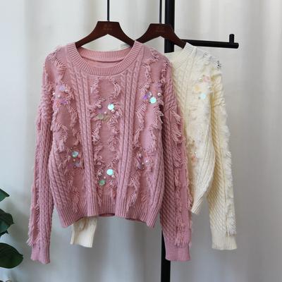 Short Sequined Tassel Design Knitted Sweater Top Autumn and Winter New Soft Waxy Gentle Wind Sweater Pullover Woman