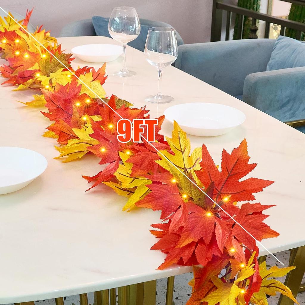 Thanksgiving Decorations for Home Large Maple Leaves 9Ft Plug in Thanksgiving Garland with Lights 50 Orange Bulbs UL Certified Connectable Fall