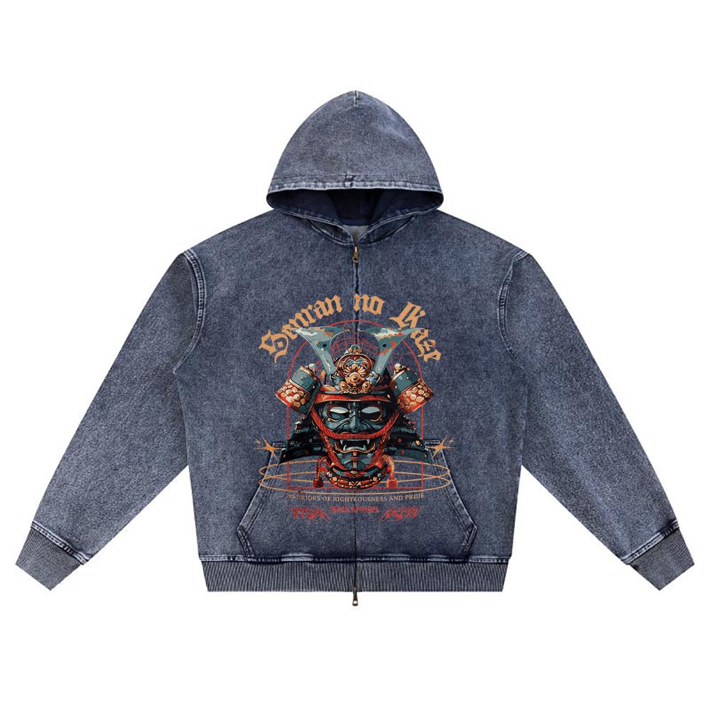 DTG print Knitted Denim Zip-Up Hoodie Japan Samurai Brother Print Zipper Hoodies  