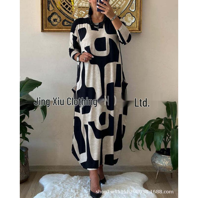 Plus Size Long Printed Dress - Loose Round Neck, Long Sleeve for Spring and Autumn XL чёрный