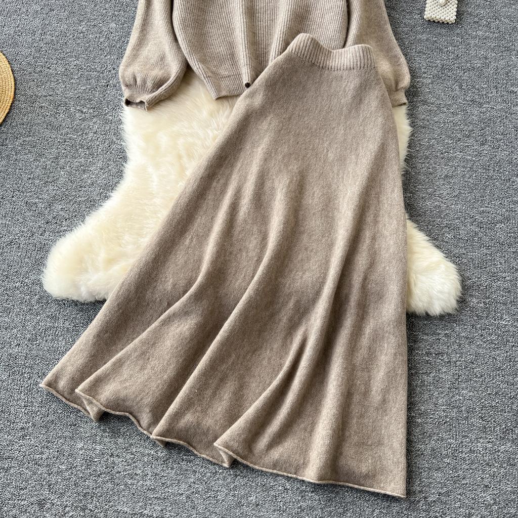 Autumn Casual Two Pieces Sets Women O-Neck Loose Knitting Top+Elastic Waist Large Swing Skirt Basic Korean Winter Sets