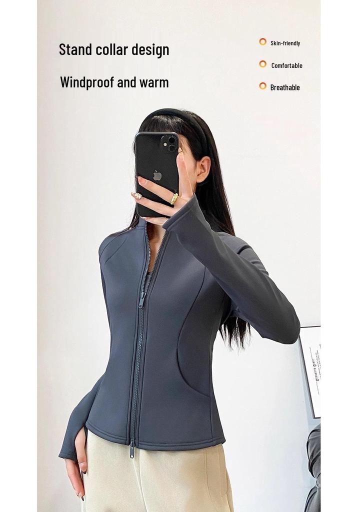 Women's Slimming Fleece-Lined Yoga Jacket - Windproof, Warm, Double Zipper, Versatile, Spring Sports Top