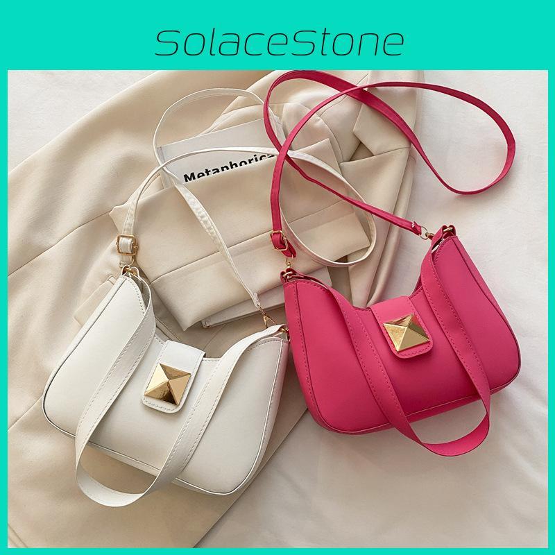 Color Simple Solid Gold Buckle Decoration Women Casual Shoulder Bag Daily For