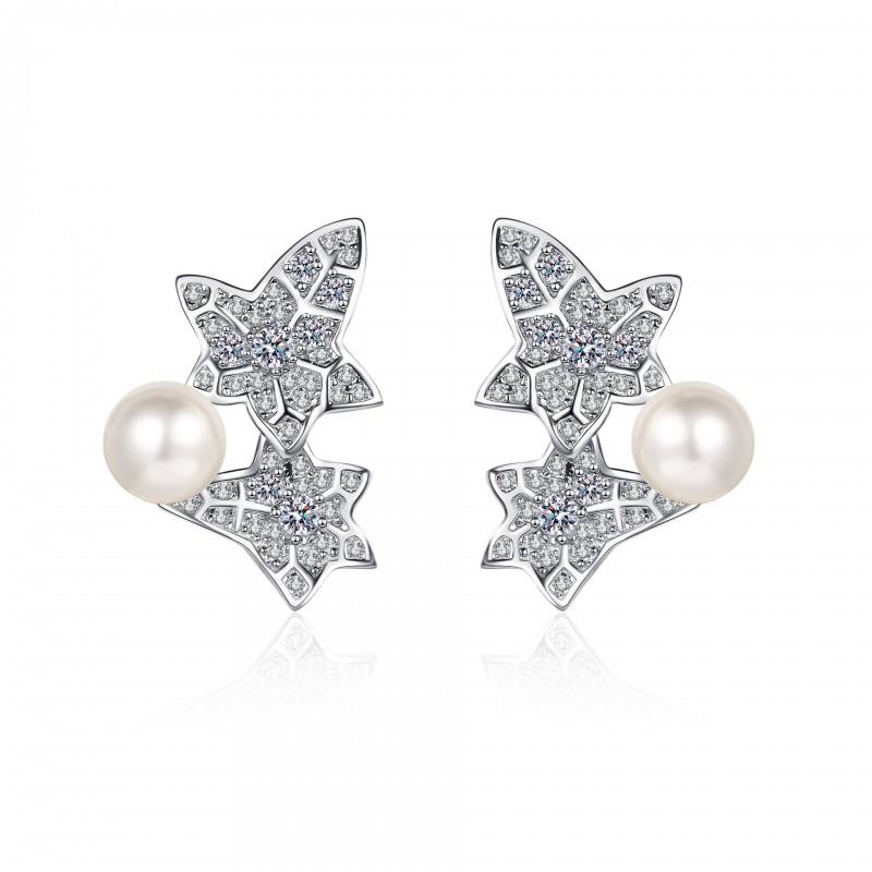Sterling Earrings Women With 6-7mm Freshwater Pearl 68-Facet Moissanite Floral Leaf Design