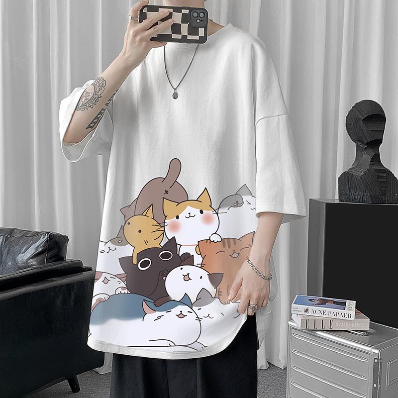 Men Cute Cat Print Short Sleeve T Shirt Casual Loose Fit Summer Streetwear Top