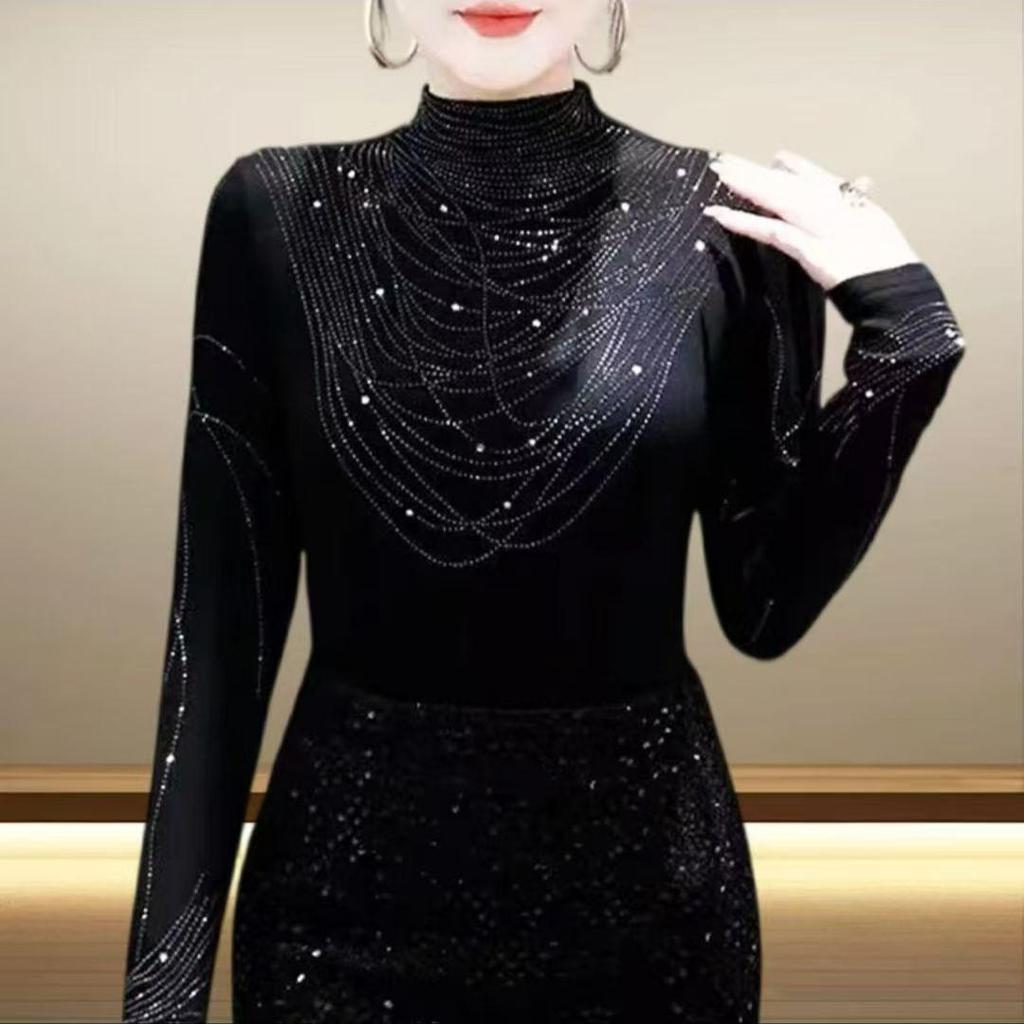 Cross2026 Elegant Slimming Semi-High Collar Long Sleeve Top with Hot Drill Detailing for Fall/Winter
